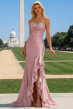 Plus Size Pink Corset Mermaid Sweetheart Ruffled Prom Dress with Slit