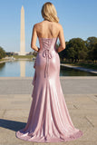 Plus Size Pink Corset Mermaid Sweetheart Ruffled Prom Dress with Slit