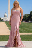 Plus Size Pink Corset Mermaid Sweetheart Ruffled Prom Dress with Slit
