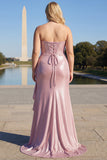 Plus Size Pink Corset Mermaid Sweetheart Ruffled Prom Dress with Slit