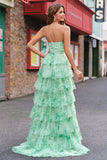 Green Strapless Keyhole Floral Ruffled A-Line Prom Dress with Slit
