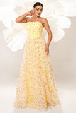 Yellow A Line Corset Strapless Long Tulle Prom Dress with Appliques