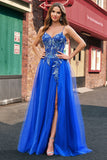 Royal Blue Spaghetti Straps Applique Tulle A-Line Prom Dress with Slit