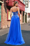 Royal Blue Spaghetti Straps Applique Tulle A-Line Prom Dress with Slit