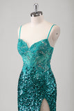 Sparkly Peacock Green Sequined Applique Mermaid Prom Dress with Slit