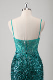 Sparkly Peacock Green Sequined Applique Mermaid Prom Dress with Slit