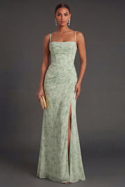 Floral Mermaid Dusty Sage Spaghetti Strap Prom Dress with Slit