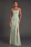 Floral Mermaid Dusty Sage Spaghetti Strap Prom Dress with Slit