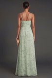 Floral Mermaid Dusty Sage Spaghetti Strap Prom Dress with Slit