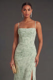 Floral Mermaid Dusty Sage Spaghetti Strap Prom Dress with Slit