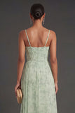 Floral Mermaid Dusty Sage Spaghetti Strap Prom Dress with Slit