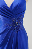 Royal Blue Applique Pleated Mermaid Satin Prom Derss with Slit