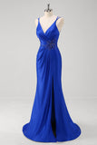 Royal Blue Applique Pleated Mermaid Satin Prom Derss with Slit