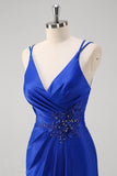 Royal Blue Applique Pleated Mermaid Satin Prom Derss with Slit