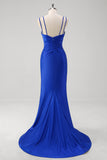 Royal Blue Applique Pleated Mermaid Satin Prom Derss with Slit