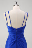 Royal Blue Applique Pleated Mermaid Satin Prom Derss with Slit