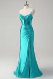 Peacock Pleated Mermaid Beaded Satin Prom Dress with Slit
