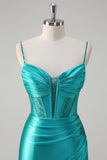 Peacock Pleated Mermaid Beaded Satin Prom Dress with Slit