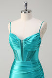 Peacock Pleated Mermaid Beaded Satin Prom Dress with Slit