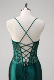 Dark Green Applique Spaghetti Straps Mermaid Satin Prom Dress
