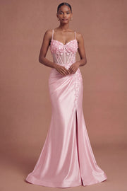 Appliqued Pink Corset Satin Mermaid Prom Dress with Slit