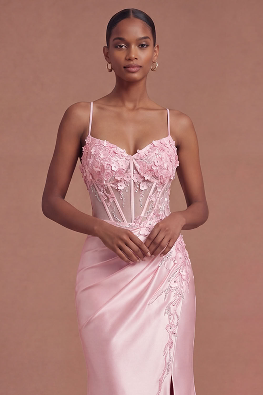 【YILON】ROMANTIC BUSTIER DRESS BABY PINK Leely Women Pink Corset Applique Mermaid Prom Dress with Slit