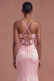 Pink Corset Applique Satin Mermaid Prom Dress with Slit
