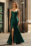 Dark Green Mermaid Ruched Long Corset Prom Dress with Slit