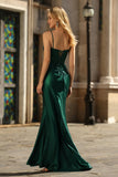 Dark Green Beaded Mermaid Pleated Satin Prom Dress with Slit