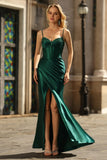 Dark Green Mermaid Ruched Long Corset Prom Dress with Slit