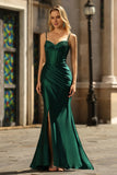 Dark Green Mermaid Ruched Long Corset Prom Dress with Slit