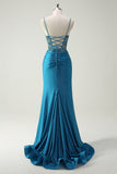 Glitter Blue Spaghetti Straps Ruched Mermaid Prom Dress with Beading