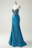 Glitter Blue Spaghetti Straps Ruched Mermaid Prom Dress with Beading