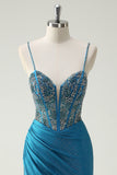 Glitter Blue Spaghetti Straps Ruched Mermaid Prom Dress with Beading