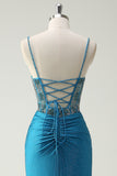 Glitter Blue Spaghetti Straps Ruched Mermaid Prom Dress with Beading