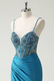 Glitter Blue Spaghetti Straps Ruched Mermaid Prom Dress with Beading