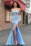 Spaghetti Straps Blue Applique Corset Satin Mermaid Prom Dress with Slit