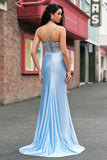 Spaghetti Straps Blue Applique Corset Satin Mermaid Prom Dress with Slit
