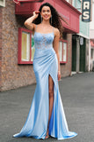 Spaghetti Straps Blue Applique Corset Satin Mermaid Prom Dress with Slit