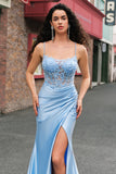 Spaghetti Straps Blue Applique Corset Satin Mermaid Prom Dress with Slit