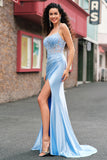 Spaghetti Straps Blue Applique Corset Satin Mermaid Prom Dress with Slit