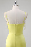 Yellow Corset Beaded Mermaid Satin Prom Dress with Slit