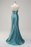 Lilac Strapless Corset Sequined Satin Mermaid Prom Dress with Slit