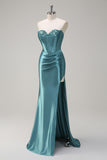 Lilac Strapless Corset Sequined Satin Mermaid Prom Dress with Slit