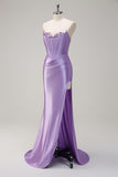 Lilac Strapless Corset Sequined Satin Mermaid Prom Dress with Slit