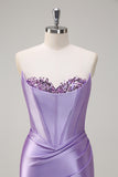 Lilac Strapless Corset Sequined Satin Mermaid Prom Dress with Slit