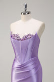 Lilac Strapless Corset Sequined Satin Mermaid Prom Dress with Slit