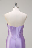 Lilac Strapless Corset Sequined Satin Mermaid Prom Dress with Slit