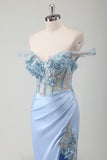 Sky Blue Off the Shoulder Applique Satin Prom Dress with Slit
