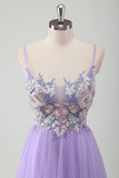 Purple Tulle A-Line Spaghetti Straps Long Prom Dress with Appliques
